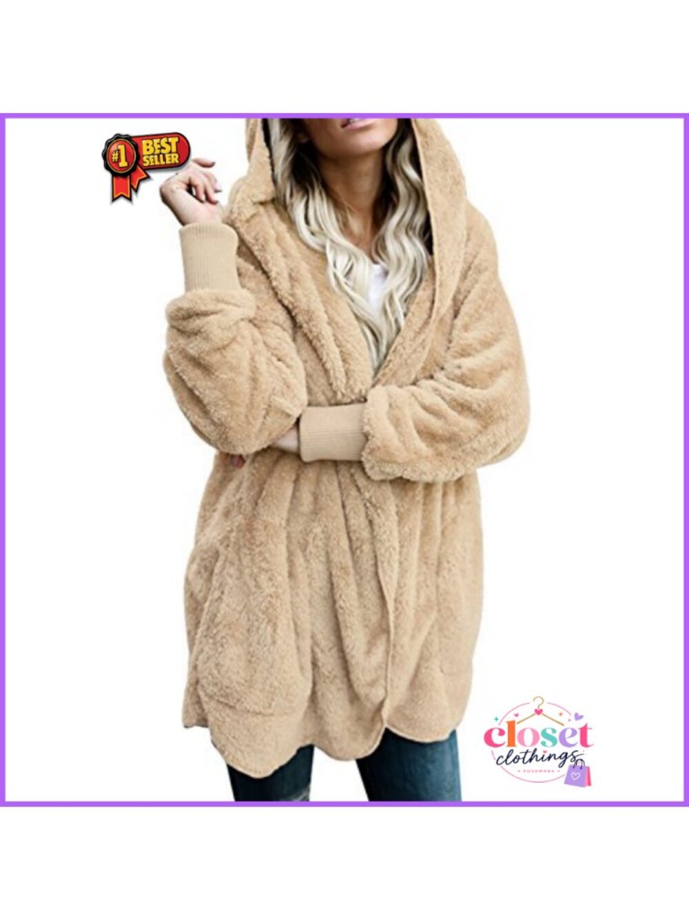 Fuzzy Fleece Open Front Hooded Cardigan Jacket Coat Oversized Long Sleeve